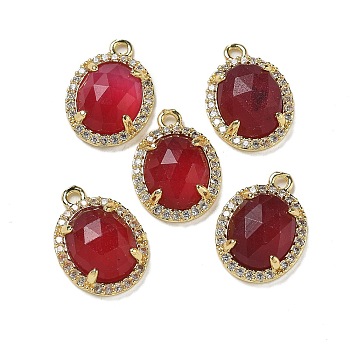 Dyed Natural White Jade Faceted Oval Pendants, Rack Plating Brass Micro Pave Cubic Zirconia Charms, Golden, Red , 15.5x11x4.5mm, Hole: 1.4mm