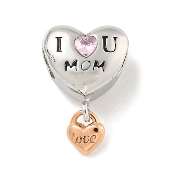 Mother's Day 304 Stainless Steel Rhinestone European Beads, Large Hole Beads, Heart with Word I Love You Mom, Mixed Color, 18x12x8.5mm, Hole: 4.5mm, pendant: 6.5x5.5x2mm
