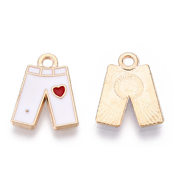 Alloy Enamel Charms, Pants with Heart Pattern, Light Gold, White, 15x12x1.5mm, Hole: 1.8mm