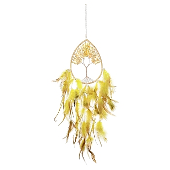 Wire Wrapped Natural Yellow Quartz Chip Teardrop with Tree of Life Wind Chime, Feather Tassel for Home Window Hanging Ornaments, 640x200mm