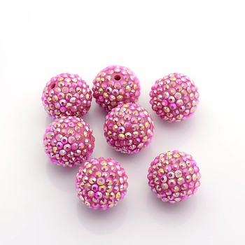 Chunky Resin Rhinestone Bubblegum Ball Beads, AB Color, Round, Hot Pink, 20x18mm, Hole: about 2.5mm