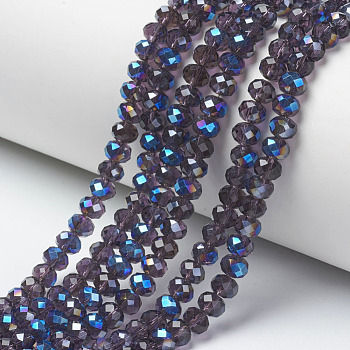 Electroplate Glass Beads Strands, Half Plated, Blue Plated, Faceted, Rondelle, Indigo, 6x5mm, Hole: 1mm, about 85~88pcs/strand, 16.1~16.5 inch(41~42cm)