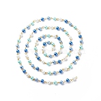 Handmade Glass Pearl Round Beaded Chains, with Brass Eye Pins, Unwelded, Blue, 13x6mm, about 3.28 Feet(1m)/Box(AJEW-SZ0002-40B)