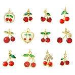 12Pcs 12 Styles Brass Micro Pave Cubic Zirconia Pendants, Cherry, Real 18K Gold Plated, 14.5~20x12~19.5x2~8mm, Hole: 3~3.6mm, 1pc/style(KK-CJ0004-30)