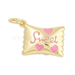 Brass Enamel Charms, with Jump Ring, Candy with Word Sweet Charms, Long-Lasting Plated, Lead Free & Cadmium Free, Rack Plating, Real 18K Gold Plated, Pink, 10.5x13.5x5.5mm, Hole: 3mm(X-KK-Q028-17A-G)