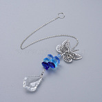 Crystals Chandelier Suncatchers Prisms, Maple Leaf Glass Hanging Pendant, with Rhinestone, Butterfly Iron Links and Cable Chain, Faceted, Platinum, 360x2mm(AJEW-G025-E04)