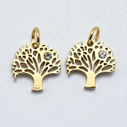 316 Surgical Stainless Steel Pendants, with Cubic Zirconia, Tree, Clear, Real 18K Gold Plated, 12x12x2mm, Hole: 3mm(X-STAS-K178-12G)