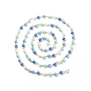 Handmade Glass Pearl Round Beaded Chains, with Brass Eye Pins, Unwelded, Blue, 13x6mm, about 3.28 Feet(1m)/Box(AJEW-SZ0002-40B)