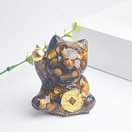 Resin Fortune Cat Display Decoration, with Natural Tiger Eye Chips inside Statues for Home Office Decorations, 55x40x60mm(PW-WG70599-05)