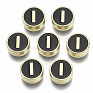 Alloy Enamel Beads, Cadmium Free & Nickel Free & Lead Free, Flat Round with Initial Letters, Light Gold, Letter.I, 8x4mm, Hole: 1.5mm(ENAM-S122-028I-NR)