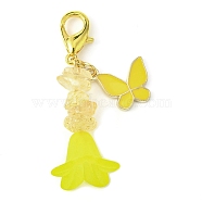 Alloy Enamel Butterfly & Acrylic Flower Pendant Decoration, Natural Citrine Chips and Lobster Claw Clasps Charm, Yellow Green, 52~53mm(HJEW-JM01556-04)