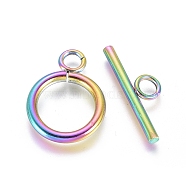 Ion Plating(IP) 304 Stainless Steel Toggle Clasps, Ring, Rainbow Color, Ring: 19x14x2mm, Bar: 20x7x2mm, Hole: 3mm(STAS-G130-39M)