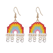 Glass Seed Rainbow with Teardrop Dangle Earrings, Brass Wire Wrap Drop Earrings for Women, Colorful, 45mm, Pin: 0.9mm(EJEW-MZ00016)