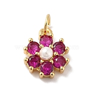 Rack Plating Brass Micro Pave Cubic Zirconia Charms, with Pearl, Cadmium Free & Lead Free, Real 18K Gold Plated, Flower, Cerise, 12.5x10.5x4mm, Hole: 3.6mm(KK-A160-22E-G)