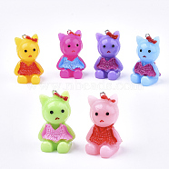 Resin Kitten Pendants, with Platinum Tone Iron Findings, Cat with Dress & Bowknot Shape, Mixed Color, 35~36x23~24x23~24mm, Hole: 2mm(X-RESI-T021-01)