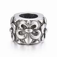 316 Surgical Stainless Steel European Beads, Large Hole Beads, Column with Fleur De Lis, Antique Silver, 10x7mm, Hole: 5mm(STAS-G153-48AS)