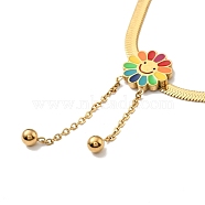 Colorful Enamel Sunflower with Tassel Pendant Necklace, Ion Plating(IP) 304 Stainless Steel Jewelry for Women, Golden, 16.06 inch(40.8cm)(NJEW-G036-09G)