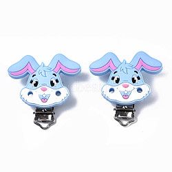 Food Grade Eco-Friendly Silicone Baby Pacifier Holder Clips, with 304 Stainless Steel Clips, Rabbit, Light Sky Blue, 56x55x21mm, Hole: 4mm(SIL-N002-13B)