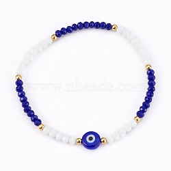 Faceted Glass Beaded Stretch Bracelets, with Evil Eye Lampwork Flat Round Beads and 304 Stainless Steel Beads, Golden, Colorful, Inner Diameter: 2-1/8 inch(5.5cm)(X-BJEW-JB05984-02)
