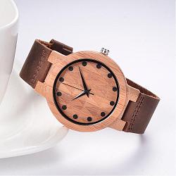 Leather Wristwatches, with Wooden Watch Head and Alloy Findings, Camel, 255x24x2.5mm; Watch Head: 54.5x48x12mm, Watch Face: 37mm(WACH-K008-14)