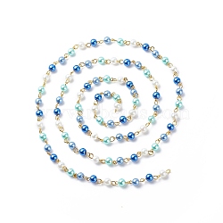 Handmade Glass Pearl Round Beaded Chains, with Brass Eye Pins, Unwelded, Blue, 13x6mm, about 3.28 Feet(1m)/Box(AJEW-SZ0002-40B)