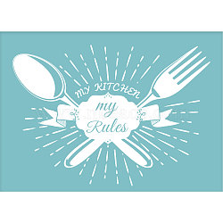 Self-Adhesive Silk Screen Printing Stencil, for Painting on Wood, DIY Decoration T-Shirt Fabric, Fork and Spoon with Word My Kitch My Rules, Sky Blue, 28x22cm(DIY-WH0173-028)