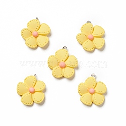 Opaque Resin Pendants, with Platinum Tone Iron Loops, 5-petal Flower Charm, Champagne Yellow, 29x25x7mm, Hole: 2mm(RESI-E024-01P-01)