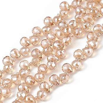 Transparent Electroplate Glass Beads Strands, Faceted, Top Drilled Teardrop, Pearl Luster Plated, Sandy Brown, 10x7.5~8mm, Hole: 0.8~1mm, about 95~100pcs/strand, 23.23~26.77(59~68cm)