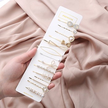 Bowknot Flower Alloy Hair Bobby Pin Sets, with Rhinestone and ABS Plastic Imitation Pearl, for Women Girls, Platinum & Golden, 46~69mm, 14pcs/set