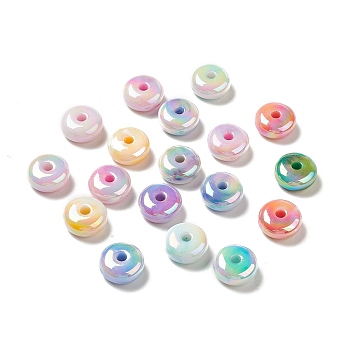 UV Plating Opaque Rainbow Iridescent Acrylic Beads, Flat Round, Mixed Color, 15.5x7.5mm, Hole: 3.6mm