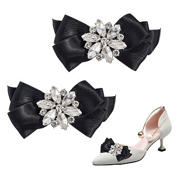 2Pcs Detachable Bowknot Polyester Ribbon Shoe Decoration, with Alloy Buckle Clip, Crystal Glass Rhinestone, Black, 52x100x17mm