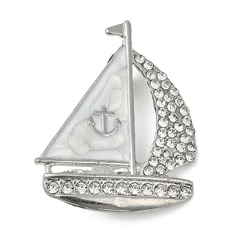 Alloy Enamel Brooches, with Rhinestone Beads, Boat, Platinum, 44x29mm