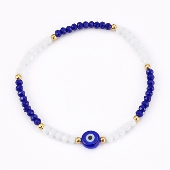 Faceted Glass Beaded Stretch Bracelets, with Evil Eye Lampwork Flat Round Beads and 304 Stainless Steel Beads, Golden, Colorful, Inner Diameter: 2-1/8 inch(5.5cm)