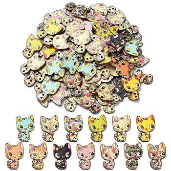 100Pcs 2-Hole Wooden Buttons, Mixed Color, Cat Shape, 26x17x2mm, Hole: 1.6mm, about 100pcs/bag