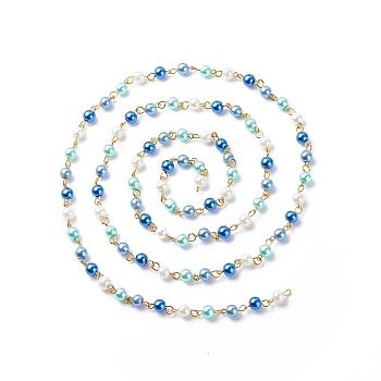 Handmade Glass Pearl Round Beaded Chains, with Brass Eye Pins, Unwelded, Blue, 13x6mm, about 3.28 Feet(1m)/Box