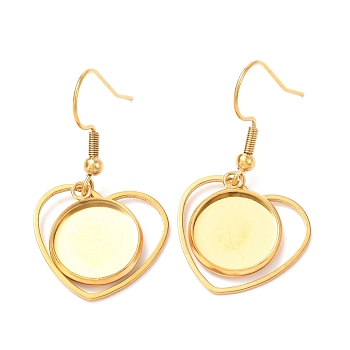 201 Stainless Steel Earring Hooks, with Flat Round Cabochon Settings, Heart, Golden, Tray: 12mm, 37mm, 22 Gauge, Pin: 0.6mm