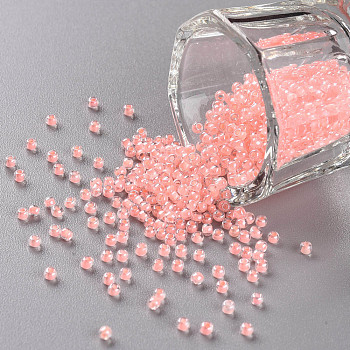 11/0 Grade A Round Glass Seed Beads, Transparent Inside Colours, Luster Plated, Light Salmon, 2.3x1.5mm, Hole: 1mm, about 48500pcs/pound