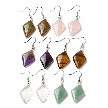 Natural Mixed Gemstone Rhombus Dangle Earrings, Platinum Brass Earrings, 45.5x18mm