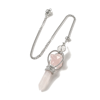 Natural Rose Quartz Dowsing Pendulums, with Platinum Plated Alloy Chains, Merkaba Star Truncheon Charm, Reiki Wicca Witchcraft Balancing Pointed Pendant Pendulum, 310~315mm, Hole: 2mm