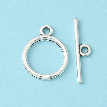 Tibetan Style Toggle Clasps, Lead Free and Cadmium Free, Rondelle, Antique Silver, Size: Ring: about 15mm in diameter, 2mm thick, hole: 2mm, Bar: 21mm long, hole: 2mm