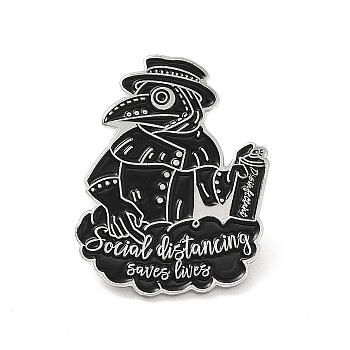 Plague Doctor Enamel Pin, Platinum Alloy Word Social Distancing Saves Lives Brooch for Clothes Backpack, Black, 30.5x24x1.5mm