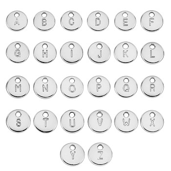 26Pcs Alloy Pendants, Flat Round with Letter A~Z, Platinum, 10mm