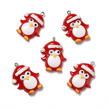 Opaque Resin Pendants, with Platinum Tone Iron Loops, Christmas Theme, Penguin, Red, 31x24.5x11mm, Hole: 1.8mm
