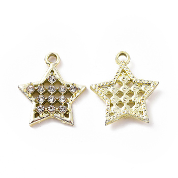 Alloy Crystal Rhinestone Pendants, Star Charms, Light Gold, 17x15x2.5mm, Hole: 1.6mm