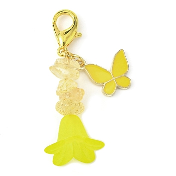 Alloy Enamel Butterfly & Acrylic Flower Pendant Decoration, Natural Citrine Chips and Lobster Claw Clasps Charm, Yellow Green, 52~53mm