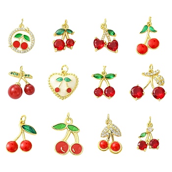 12Pcs 12 Styles Brass Micro Pave Cubic Zirconia Pendants, Cherry, Real 18K Gold Plated, 14.5~20x12~19.5x2~8mm, Hole: 3~3.6mm, 1pc/style