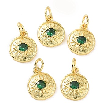 Brass Micro Pave Cubic Zirconia Pendants, with Jump Ring, Flat Round with Eye, Real 18K Gold Plated, Green, 12x10x2mm, Jump Rings: 5x0.8mm, Inner Diameter: 3mm