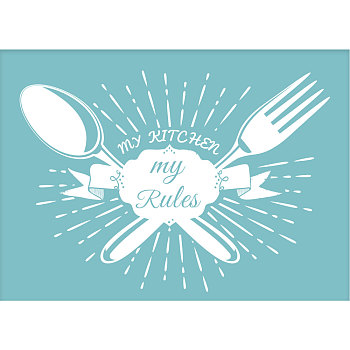 Self-Adhesive Silk Screen Printing Stencil, for Painting on Wood, DIY Decoration T-Shirt Fabric, Fork and Spoon with Word My Kitch My Rules, Sky Blue, 28x22cm