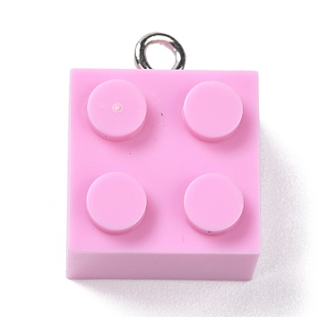 Resin Pendants, with Platinum Iron Loop, Toy Bricks, Pearl Pink, 21x15.5x11mm, Hole: 2.6mm