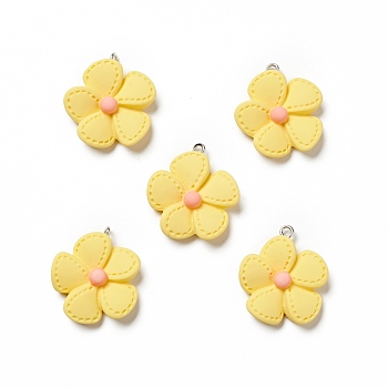 Opaque Resin Pendants, with Platinum Tone Iron Loops, 5-petal Flower Charm, Champagne Yellow, 29x25x7mm, Hole: 2mm